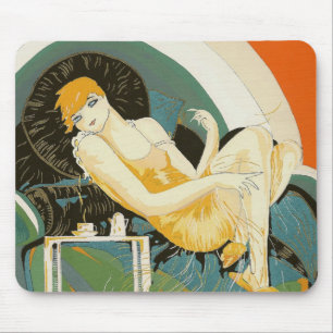 Vintage Art Deco Kvinna Liggande på soffa, Chompre Musmatta