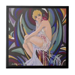 Vintage Art Deco Kvinna med draperier av S. Chompr Kakelplatta