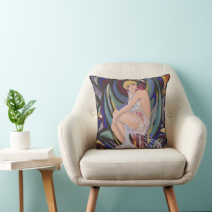 Vintage Art Deco Kvinna med draperier av S. Chompr Kudde