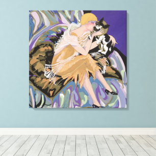 Vintage Art Deco Kvinna med katt av S. Chompre Canvastryck