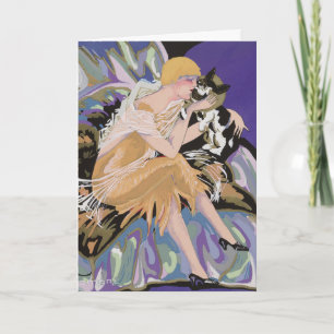 Vintage Art Deco Kvinna med katt av S. Chompre Kort