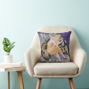 Vintage Art Deco Kvinna med katt av S. Chompre Kudde