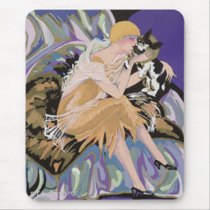Vintage Art Deco Kvinna med katt av S. Chompre Musmatta