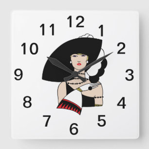 Vintage Art Deco Kvinna som bär hatt Handskor Färg Fyrkantig Klocka