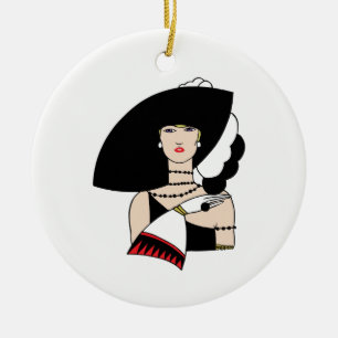 Vintage Art Deco Kvinna som bär hatt Handskor Färg Julgransprydnad Keramik