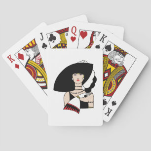 Vintage Art Deco Kvinna som bär hatt Handskor Färg Spel Kort