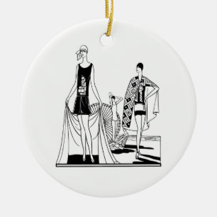 Vintage Art Deco Modekvinnor på Stranden Julgransprydnad Keramik