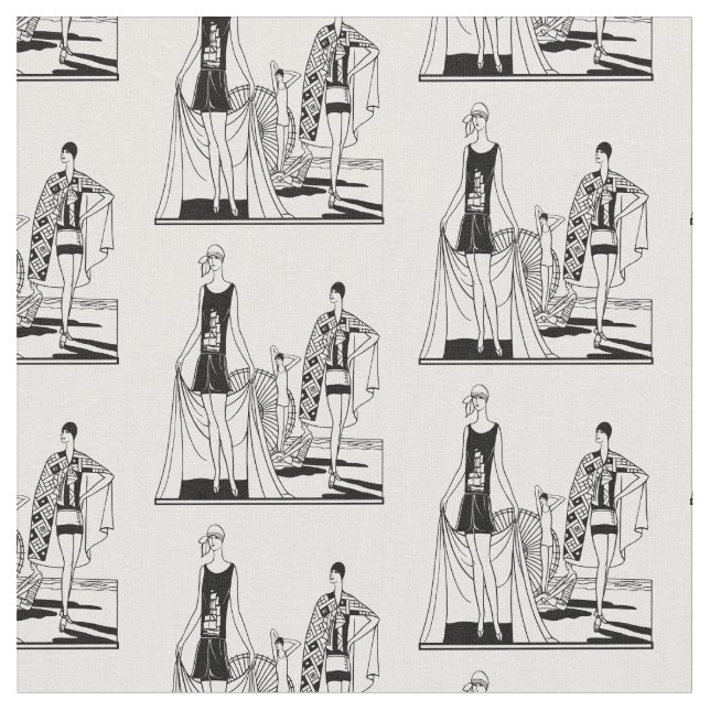 Vintage Art Deco Modekvinnor på Stranden Tyg (Närbild)