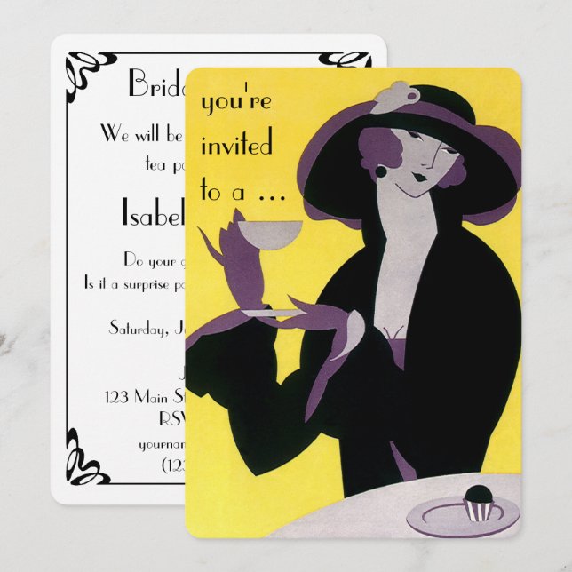 Vintage Art Deco-Möhippan Tea Party eftermiddag Inbjudningar (Fram/baksida)
