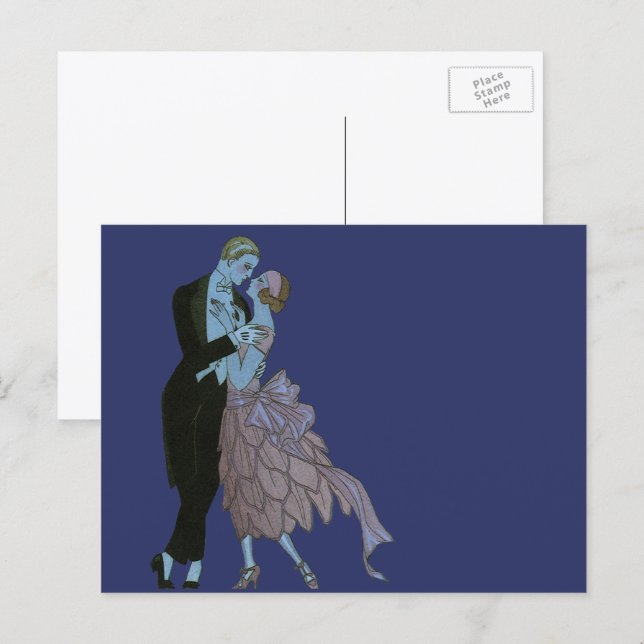 Vintage Art Deco Nygifta, Kärleksfull Bröllopsdans Vykort (Fram/baksida)