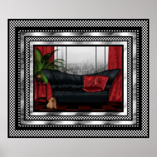 Vintage Art Deco Poster Silver Red Black Soffa Cat