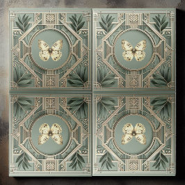 Vintage Art Deco Sage Green Botanical Butterfly  Kakelplatta