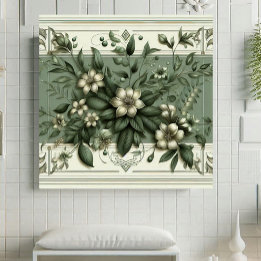 Vintage Art Deco Sage Green Flora Botanical Design Kakelplatta