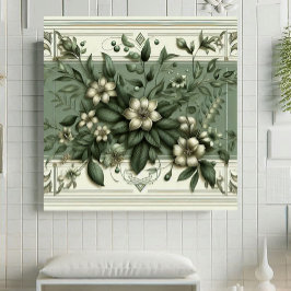 Vintage Art Deco Sage Green Flora Botanical Design Kakelplatta