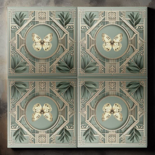Vintage Art Deco Sagegrön Botanisk Fjäril  Kakelplatta (Vintage Art Deco Sage Green Ceramic Tile)