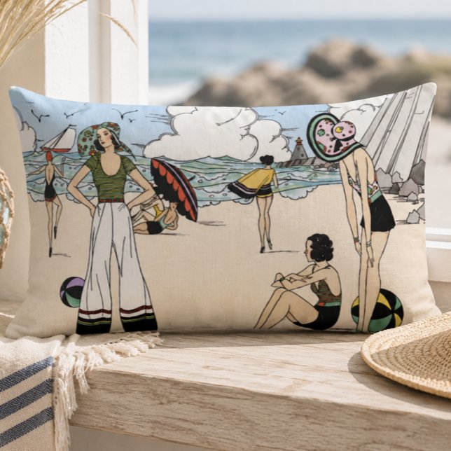 Vintage Art Deco strandillustration 1920-talets ku Lumbarkudde (Skapare uppladdad)