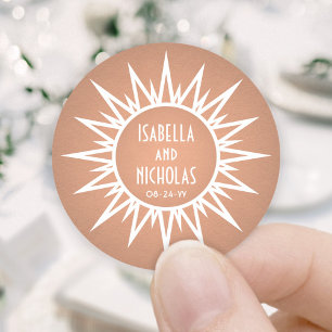 Vintage Art Deco Sunburst Copper Faux Foil Bröllop Runt Klistermärke