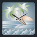 Vintage Art Deco Tropical Beach Wall Clock Fyrkantig Klocka<br><div class="desc">Söt pastel Art Deco-tropisk stranddesign i grönt, blått och persikofärgat.</div>