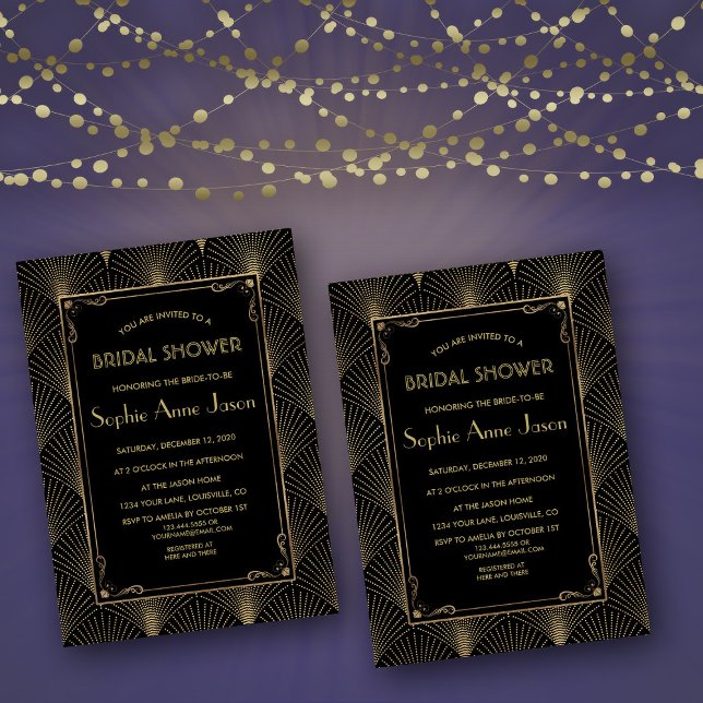 Vintage Art Deco Underbar Gatsby Möhippa Inbjudan (bridal shower invite, Art Deco bridal shower invitation, gold black bridal shower, roaring 20s )