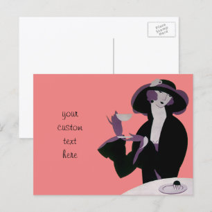 Vintage Art Deco Woman, eftermiddag Tea och Cupaka Vykort
