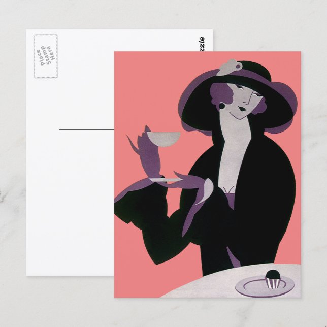 Vintage Art Deco Woman, eftermiddagseftermiddag Te Vykort (Fram/baksida)