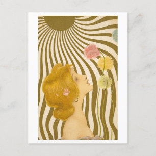 Vintage Art Deco Woman med blommor och solsken Vykort