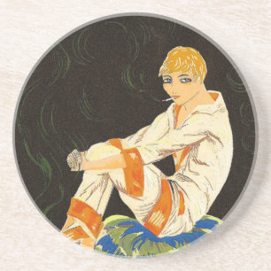 Vintage Art Deco Woman, Smoking by S. Chompres Underlägg Sandsten