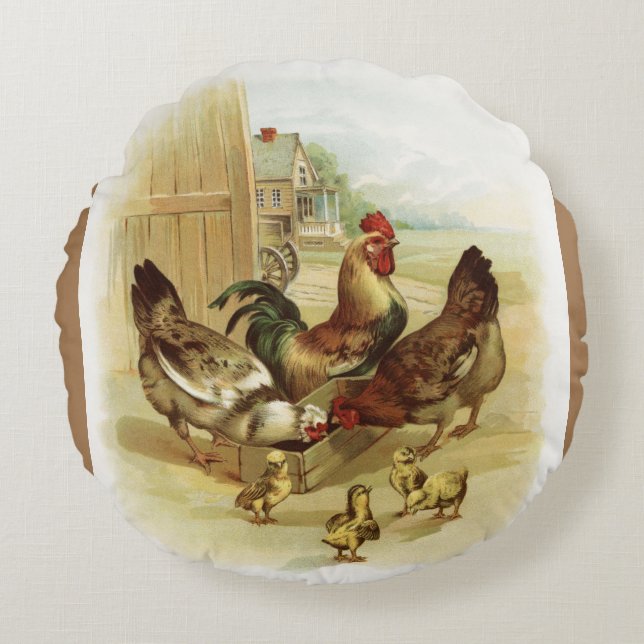 Vintage Art Farm Chickens Rund Kudde (Framsidan)