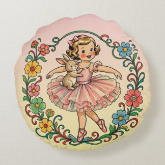 ~ Vintage Art Flicka i Tutu med kanin ~ Rund Kudde