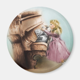 Vintage Art för barn, Round Magnet - Piano Girl