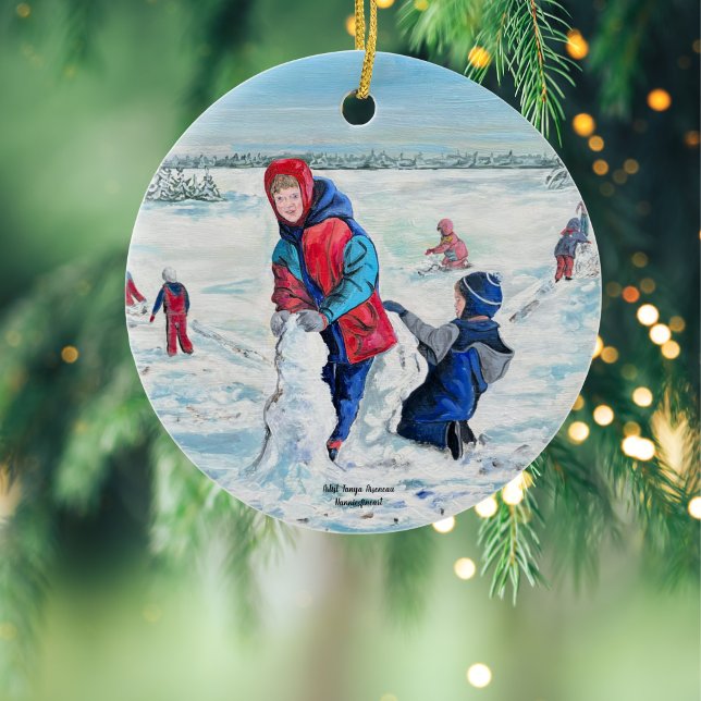 VINTAGE ART-julprydnad Julgransprydnad Keramik (Classic Christmas Wintery Landscape Of Children Playing,)