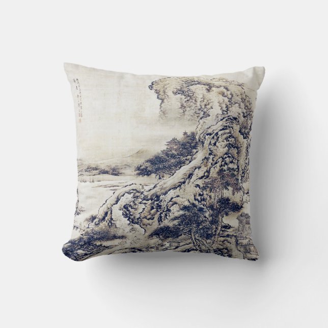 Vintage Art Kinesisk liggande målning svart vit Kudde (Framsida)