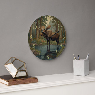 Vintage art moose boho woodland forest greenery stor klocka