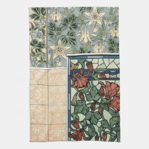 Vintage Art Nouveau, Akeleje Aquilegia blommor Kökshandduk