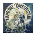 Vintage Art nouveau Älvor, Pierrot Bicycle Måne Kakelplatta<br><div class="desc">Vintage illustration av Art nouveau-reklamen poster Tillverkning Roubaisienne, c. 1900, okänd artist. Den här reklamen från kärlek och romantik poster en vindad Pierrot och hans Pierrette som romantiskt rider över natten himlar på cyklar. De kör sina antika cyklar på moln med ett stort fullt bakom dem och stjärnor i himlar....</div>