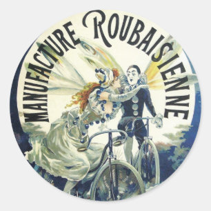 Vintage Art nouveau Älvor, Pierrot Bicycle Måne Runt Klistermärke