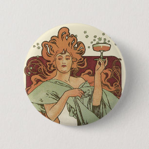 Vintage Art nouveau av Mucha, Champagne Party Knapp