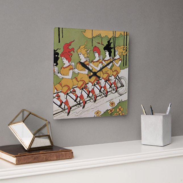 Vintage Art nouveau, Bearings Tandem Bicycle Fyrkantig Klocka (Kontor)