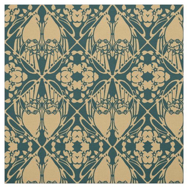 Vintage Art nouveau Bird Pair Mönster Tyg (Provkarta)