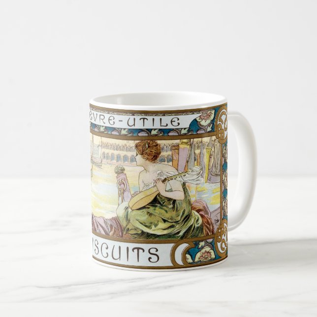 Vintage Art nouveau Biscuit och Alphonse Mucha Kaffemugg (Framsida höger)