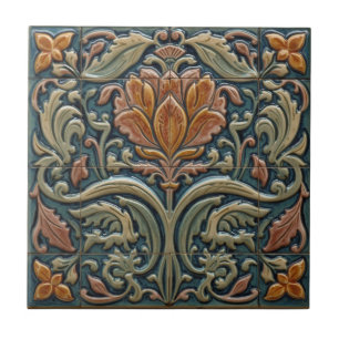 Vintage Art Nouveau blå Majolica blomster hantverk Kakelplatta