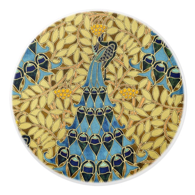 Vintage Art Nouveau Blå Påfågel Blommönster Knopp (Framsidan)