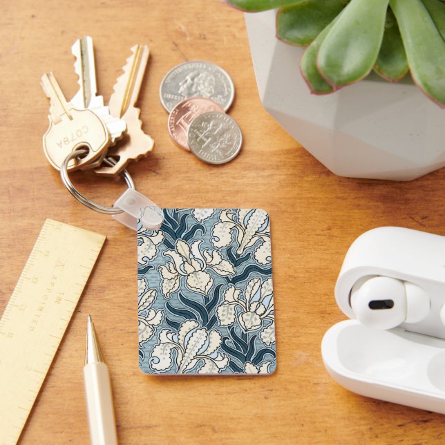 Vintage Art Nouveau, Blå Trädgård Iris Blommor Nyckelring (Skrivbord)