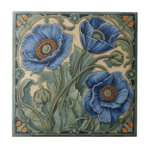 Vintage Art Nouveau Blå Vallmo Blommig Kakelplatta