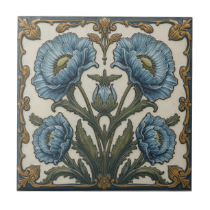 Vintage Art Nouveau Blå Vallmo Blommig Kakelplatta
