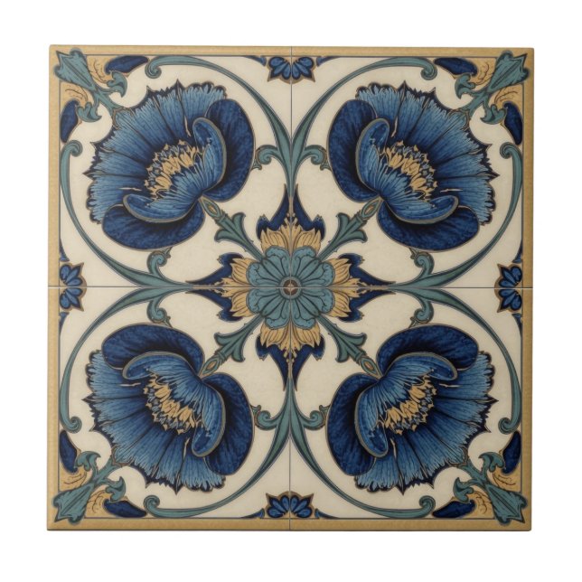 Vintage Art Nouveau  Blå Vallmo  Blommig  Kakelplatta (Framsidan)