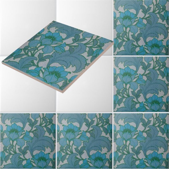 Vintage Art Nouveau Blått Blommotiv Kakelplatta (Skapare uppladdad)