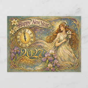 Vintage Art Nouveau Blommig Gott Nytt År 2027 Helg Vykort