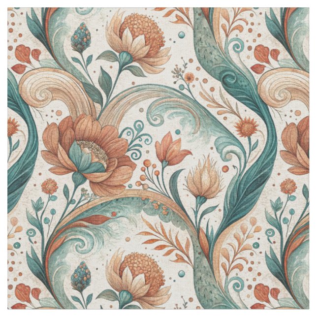Vintage Art Nouveau Blommig Väggmålning Mönster Tyg (Närbild)