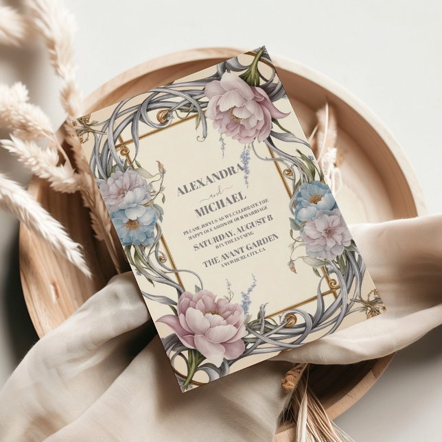 Vintage Art nouveau Blommigt Lila Bröllop Inbjudningar (Skapare uppladdad)